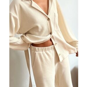 EUC Oak + Fort Rib-Knit Button Up Top